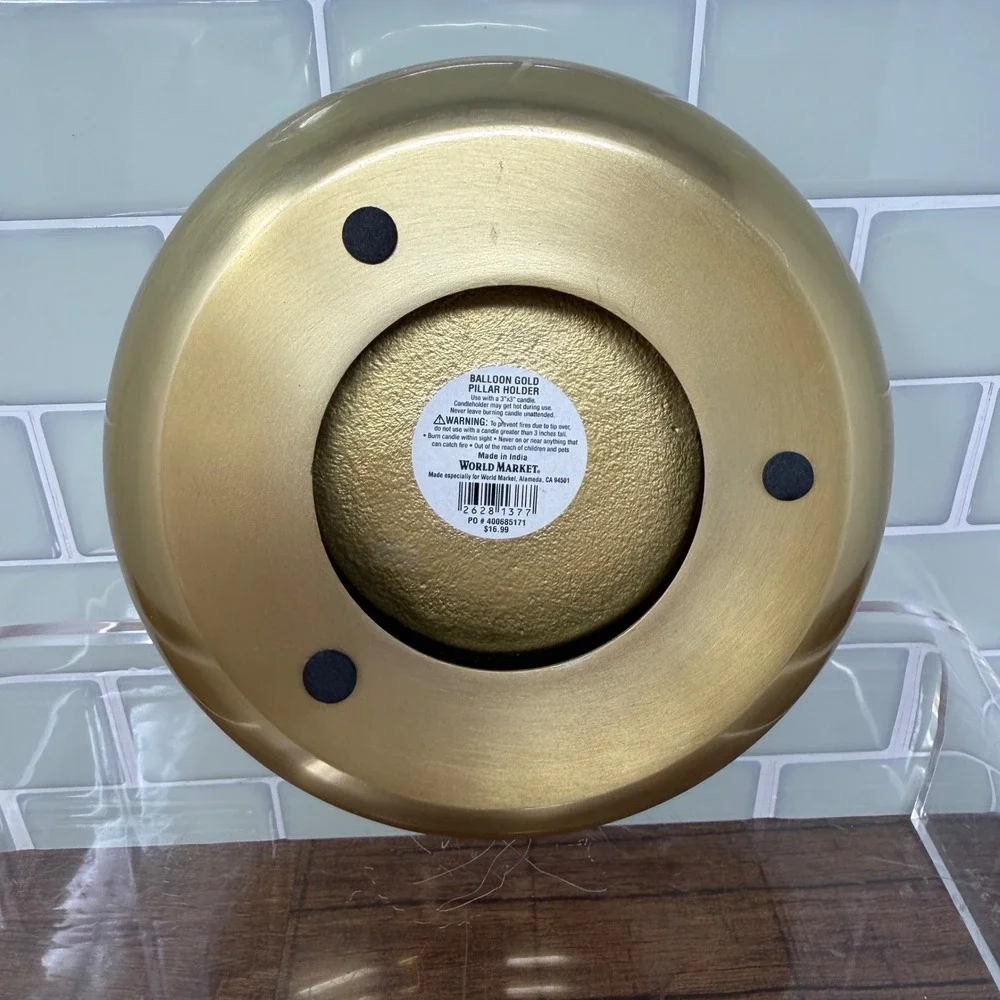 World Market Balloon Gold Pillar Candle Holder – Modern Brass Tone Trinket Dish